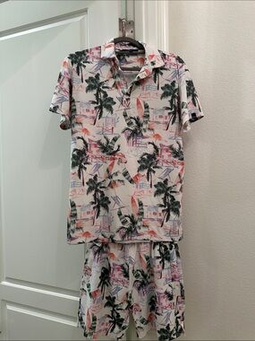 Tropical Palm Print Polo and Shorts Set - White Base with Green & Coral Accents